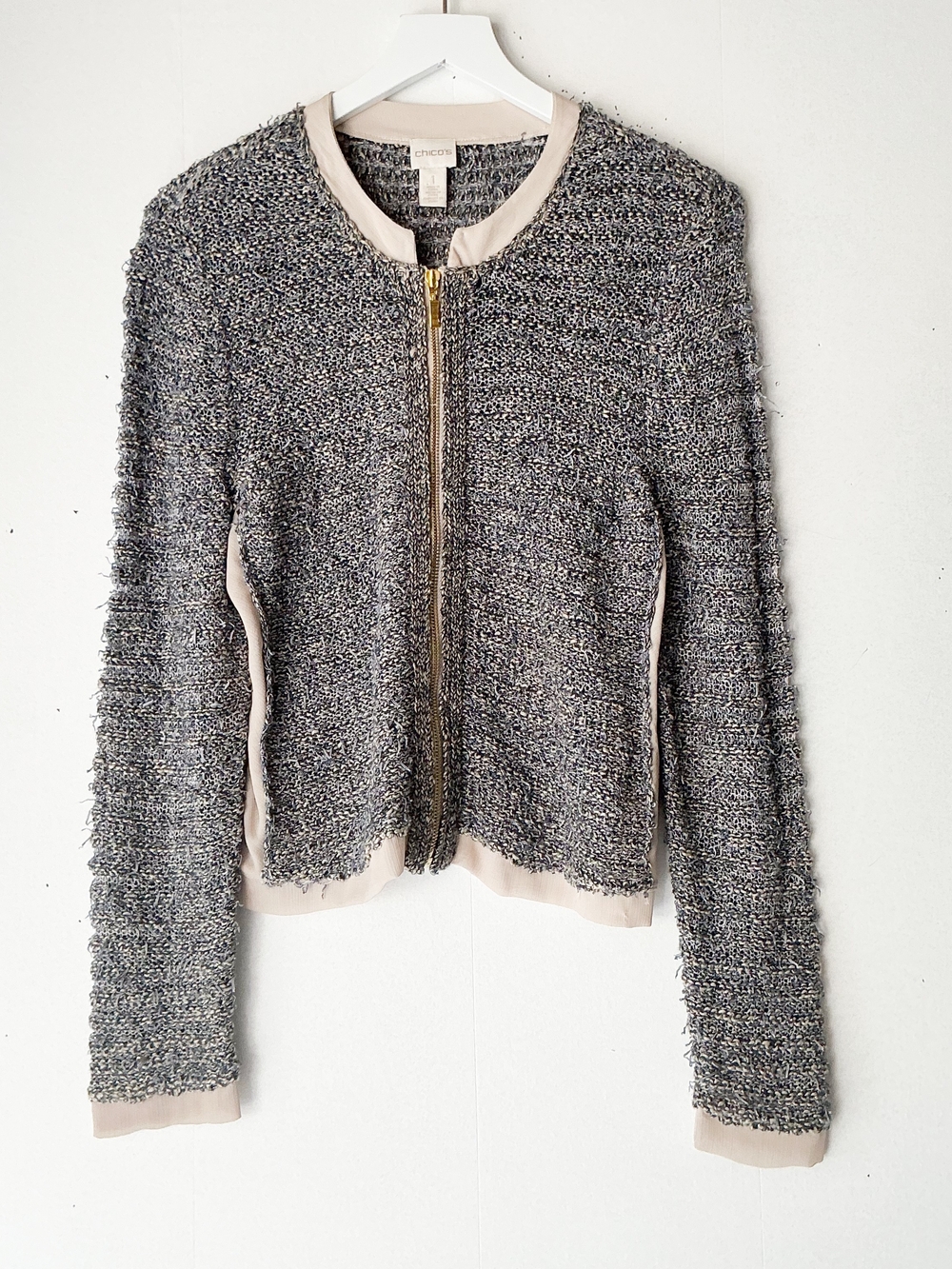 Chico's Tweed Boucle Zip Jacket Gold Hardware Quiet Luxury Coastal Size 1